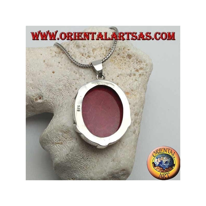 Pendentif en argent madrepora ovale rouge (corail) traversé par deux bandes d'argent