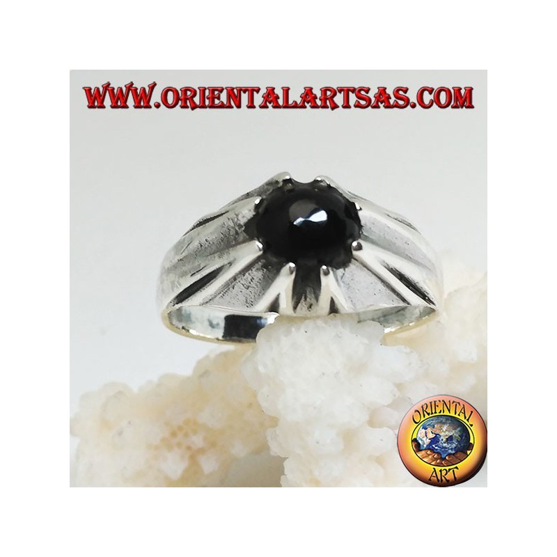 Bague sphère en onyx argent sur cadre saillant