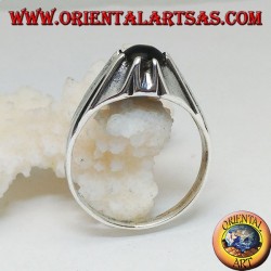 Silver onyx sphere ring set on a protruding frame
