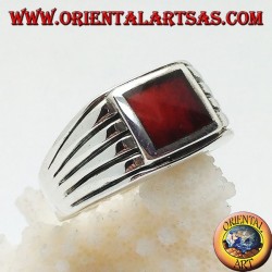 Silver ring with horizontal relief carnelian in relief and 5 lines engraved on the sides