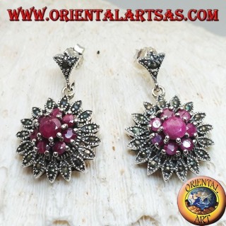 Silver earrings in the shape of a Dalia flower with round rubies set and marcasites