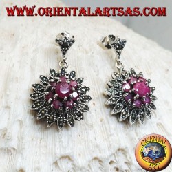 Silberohrringe in Form einer Dalia-Blume mit rundem Rubinset und Markasiten