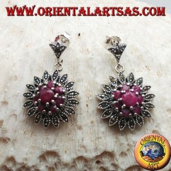 Silver earrings in the shape of a Dalia flower with round rubies set and marcasites