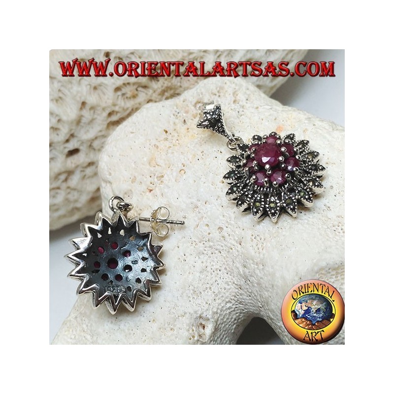 Orecchini in argento a forma di fiore Dalia con rubini tondi incastonati e marcassiti