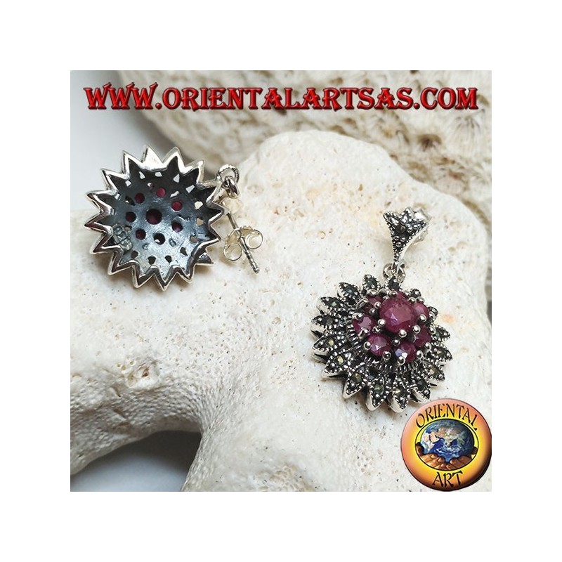 Silver earrings in the shape of a Dalia flower with round rubies set and marcasites