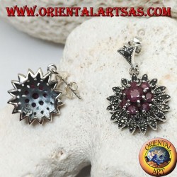 Silver earrings in the shape of a Dalia flower with round rubies set and marcasites
