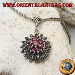 Silver pendant in the shape of a Dalia flower with round rubies set and marcasites