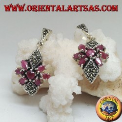 Silver earrings with round ruby in a star of natural oval rubies and two marcasite rhombuses