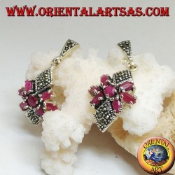 Silver earrings with round ruby in a star of natural oval rubies and two marcasite rhombuses