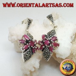 Silver earrings with round ruby in a star of natural oval rubies and two marcasite rhombuses