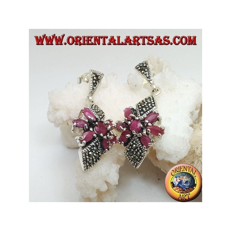 Silver earrings with round ruby in a star of natural oval rubies and two marcasite rhombuses