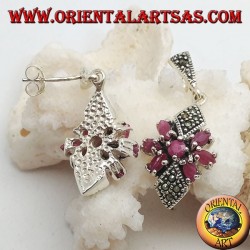 Silver earrings with round ruby in a star of natural oval rubies and two marcasite rhombuses