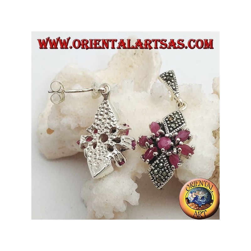 Silver earrings with round ruby in a star of natural oval rubies and two marcasite rhombuses