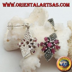 Silver earrings with round ruby in a star of natural oval rubies and two marcasite rhombuses