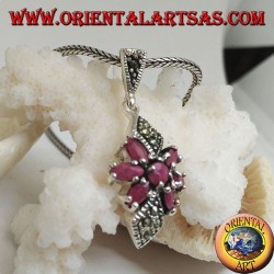 Silver pendant with a round ruby in a star of natural oval rubies and two marcasite rhombuses