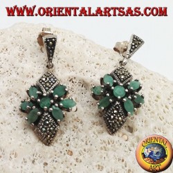 Silver earrings with round emerald in a star of natural oval emeralds and two marcasite rhombuses