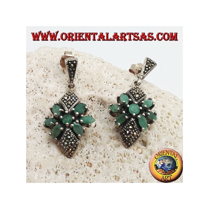 Silver earrings with round emerald in a star of natural oval emeralds and two marcasite rhombuses