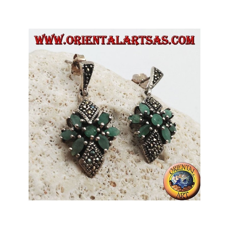 Silver earrings with round emerald in a star of natural oval emeralds and two marcasite rhombuses