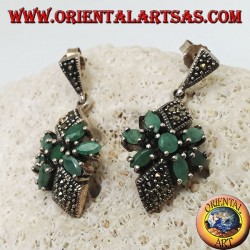 Silver earrings with round emerald in a star of natural oval emeralds and two marcasite rhombuses