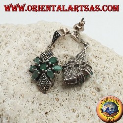 Silver earrings with round emerald in a star of natural oval emeralds and two marcasite rhombuses