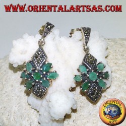 Silver earrings with round emerald in a star of natural oval emeralds and two marcasite rhombuses