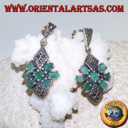 Silver earrings with round emerald in a star of natural oval emeralds and two marcasite rhombuses