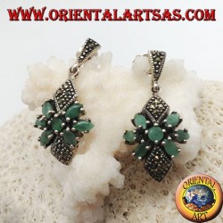 Silver earrings with round emerald in a star of natural oval emeralds and two marcasite rhombuses
