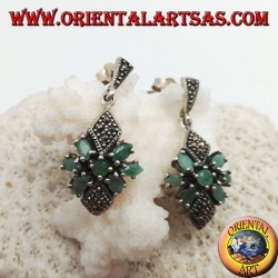 Silver earrings with round emerald in a star of natural oval emeralds and two marcasite rhombuses