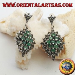 Silver rhombus earrings of 9 natural round emeralds set surrounded by marcasite