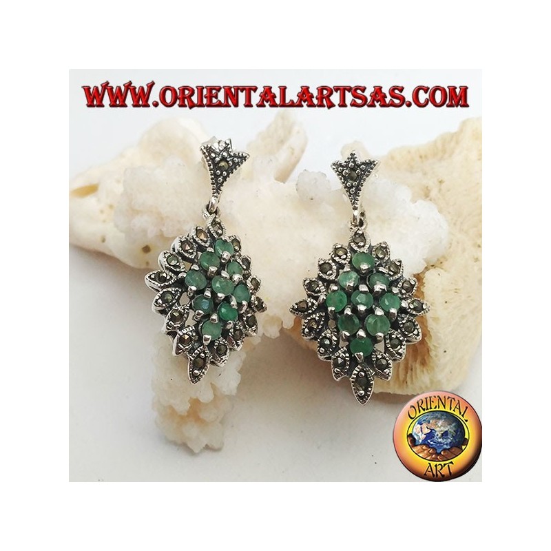 Silver rhombus earrings of 9 natural round emeralds set surrounded by marcasite