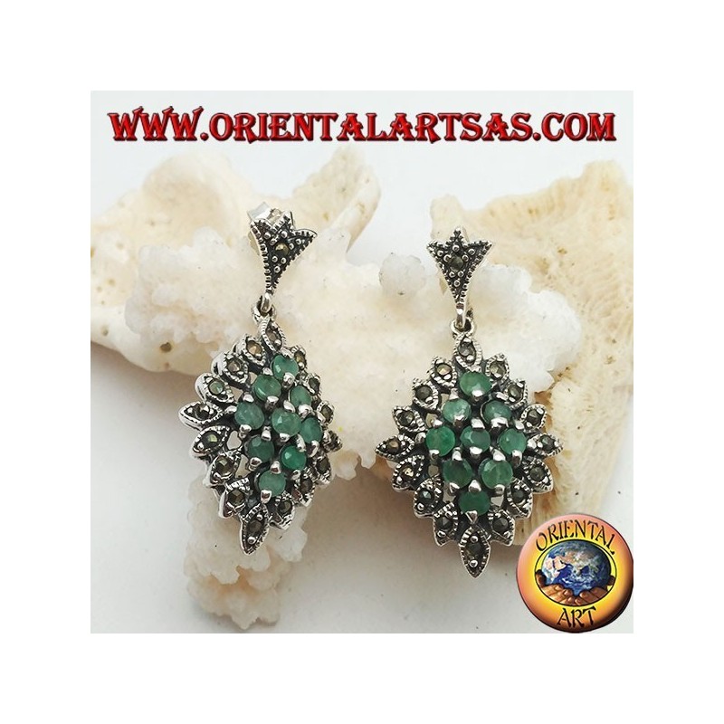 Silver rhombus earrings of 9 natural round emeralds set surrounded by marcasite