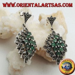 Silver rhombus earrings of 9 natural round emeralds set surrounded by marcasite