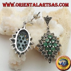 Pendientes de rombos de plata de 9 esmeraldas redondas naturales engastadas rodeadas de marcasita