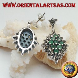 Silver rhombus earrings of 9 natural round emeralds set surrounded by marcasite