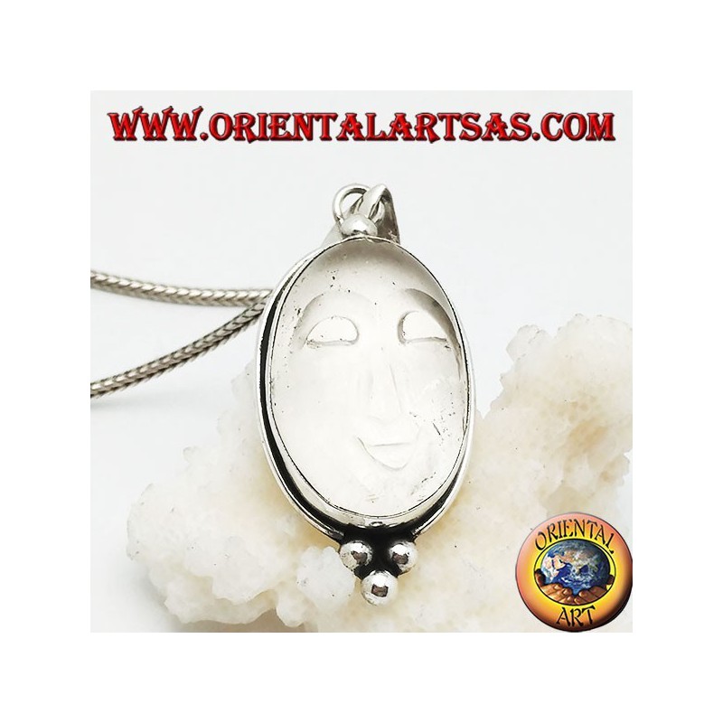 Silver pendant with sun sun set on an oval rock crystal and three balls below