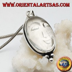 Pendentif en argent avec soleil creusé sur un cristal de roche ovale et trois boules en dessous