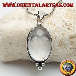 Silver pendant with sun sun set on an oval rock crystal and three balls below