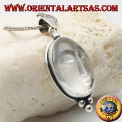 Pendentif en argent avec soleil creusé sur un cristal de roche ovale et trois boules en dessous