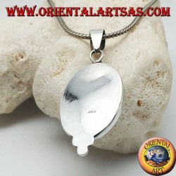 Silver pendant with sun sun set on an oval rock crystal and three balls below
