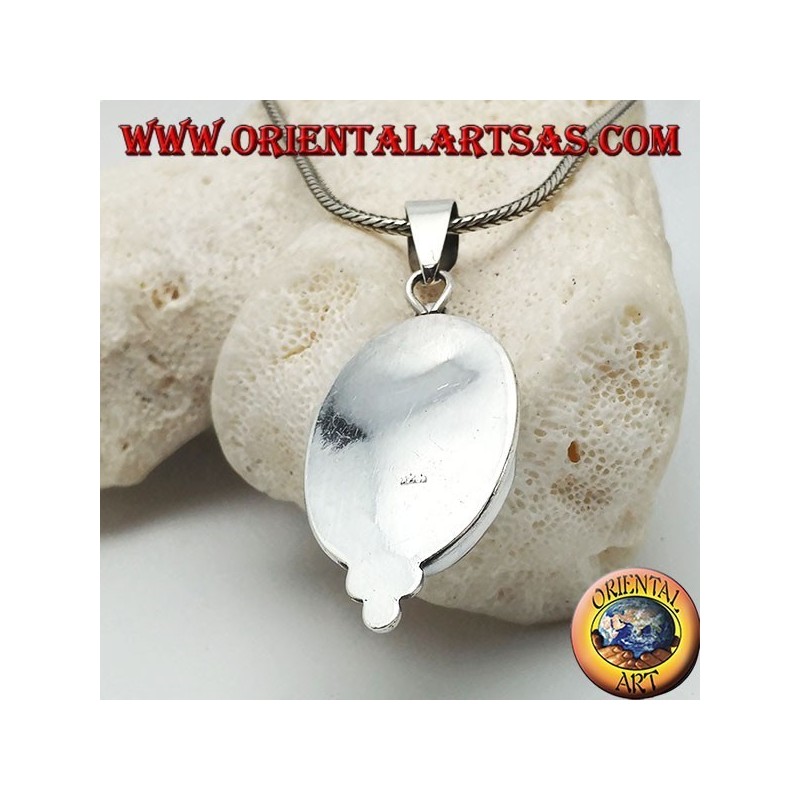 Silver pendant with sun sun set on an oval rock crystal and three balls below