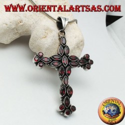 Large silver Christian cross pendant made of natural shuttle and round garnets
