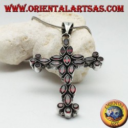 Large silver Christian cross pendant made of natural shuttle and round garnets