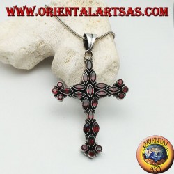 Large silver Christian cross pendant made of natural shuttle and round garnets