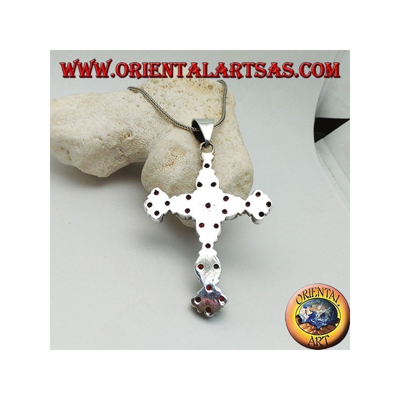 Large silver Christian cross pendant made of natural shuttle and round garnets