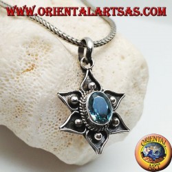 Silver lotus flower pendant with balls and oval natural blue topaz in the center