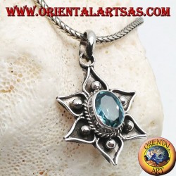 Silver lotus flower pendant with balls and oval natural blue topaz in the center
