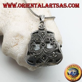 Silver pendant with pocket quartz clock with perforated decorations studded with marcasite