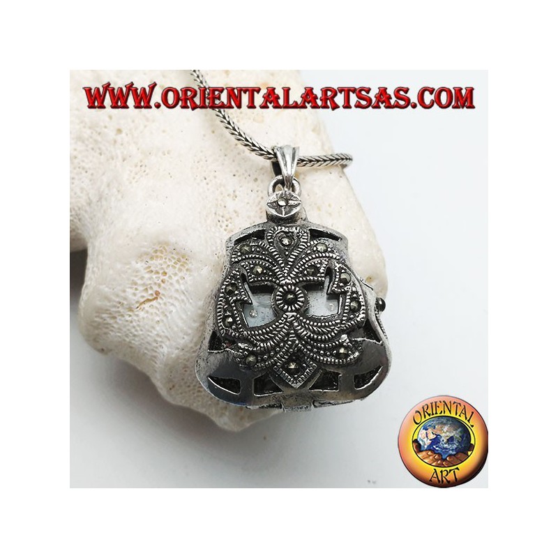 Silver pendant with pocket quartz clock with perforated decorations studded with marcasite