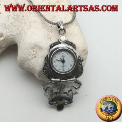 Silver pendant with pocket quartz clock with perforated decorations studded with marcasite