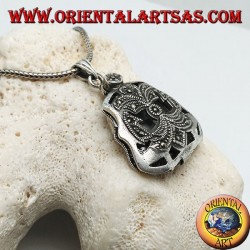 Silver pendant with pocket quartz clock with perforated decorations studded with marcasite